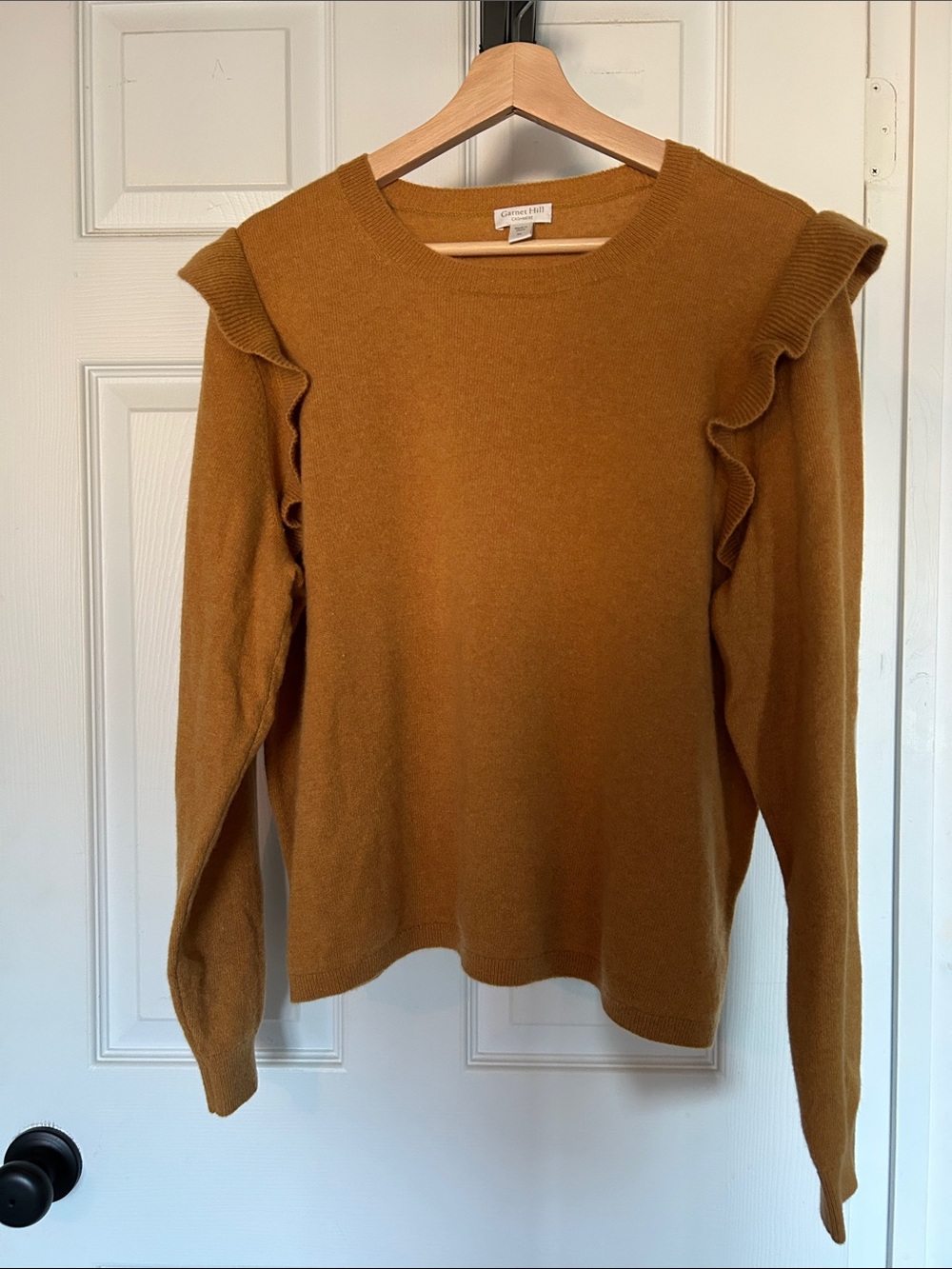 100% Cashmere Garnet Hill Ruffle Shoulder Sweater in Mustard NWOT, never worn